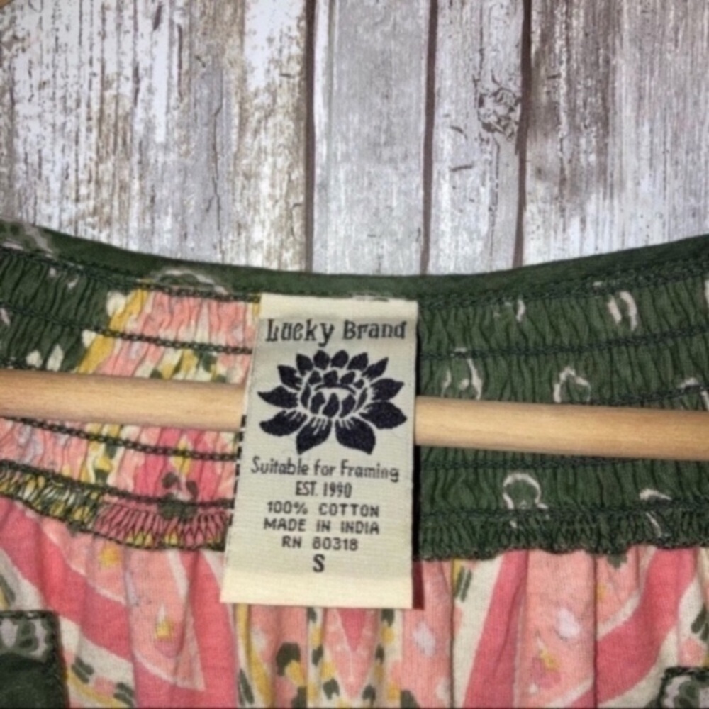 Lucky Brand Olive Green Paisley Boho Peasant Blouse 100% Cotton Small - Picture 5 of 5
